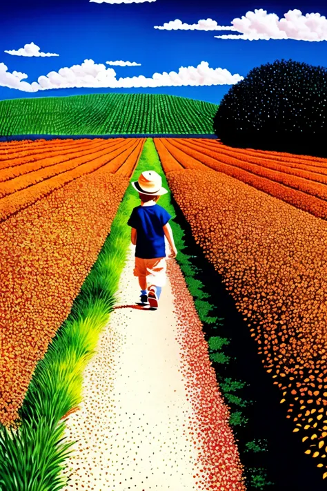 a boy walking through an orange farm with super large dry plants, contrast lighting, pointillism art style,