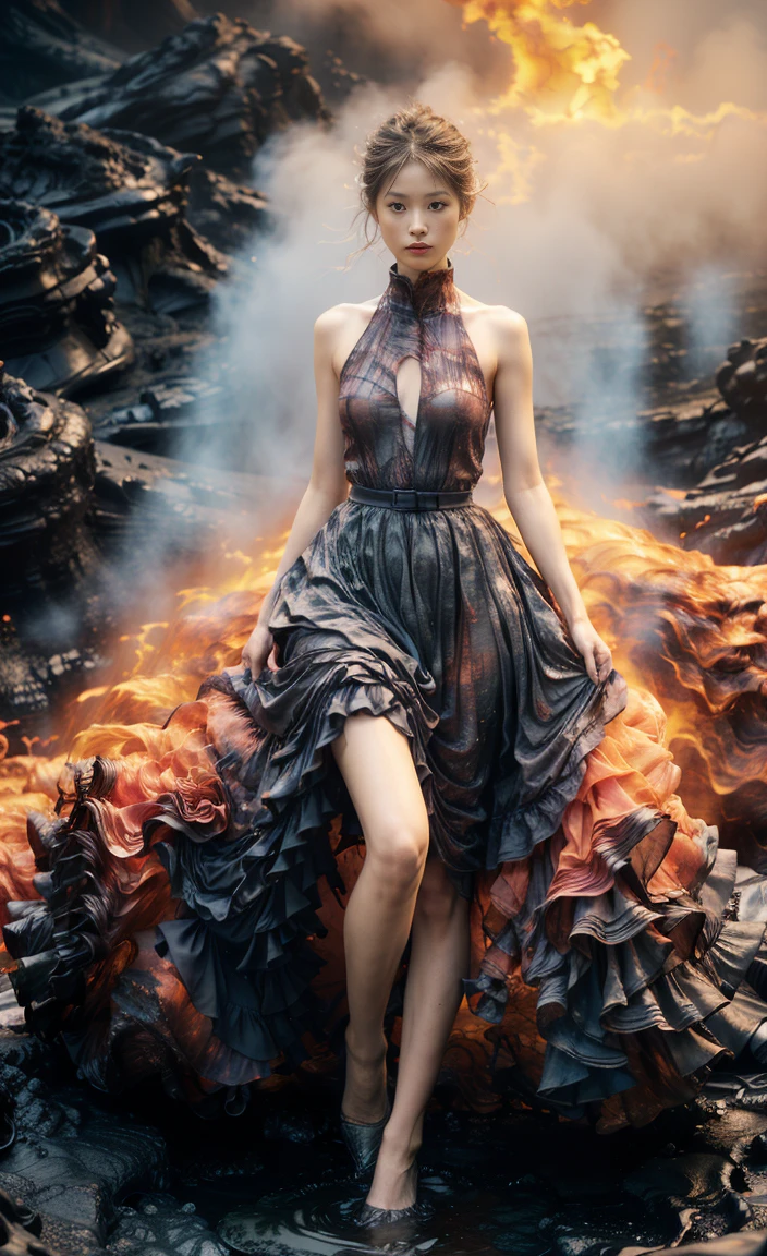 (8K, original photo, best quality,masterpiece:1.2),(actual, Photo-realistic:1.37), 1 girl,long legs, Full body female love,(Lava:1.3),ocean,dress made of roses，volcanic eruption rock flow，infrared photography, 1.4 times more realism，Ultra high quality，Texture skomy correct，Accurate and perfect Korean female face shape，golden ratio)