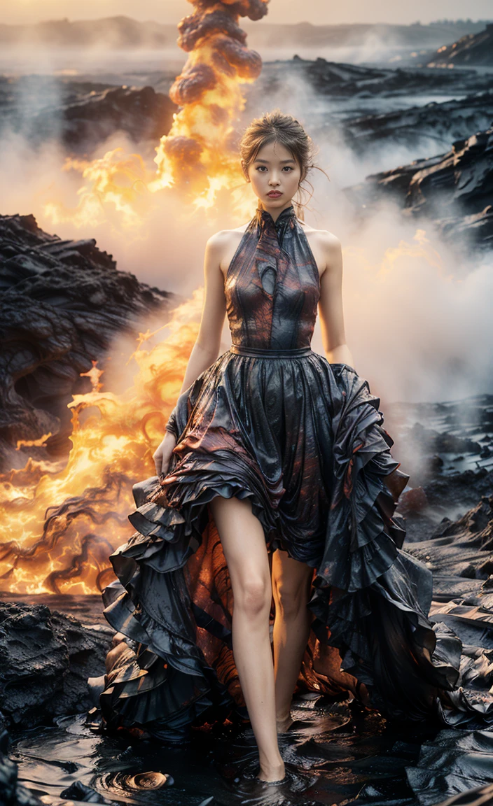 (8K, original photo, best quality,masterpiece:1.2),(actual, Photo-realistic:1.37), 1 girl,long legs, Full body female love,(Lava:1.3),ocean,dress made of roses，volcanic eruption rock flow，infrared photography, 1.4 times more realism，Ultra high quality，Texture skomy correct，Accurate and perfect Korean female face shape，golden ratio)
