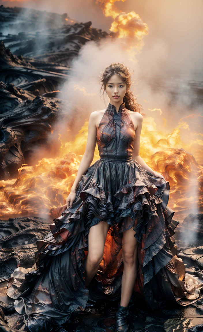 (8K, original photo, best quality,masterpiece:1.2),(actual, Photo-realistic:1.37), 1 girl,long legs, Full body female love,(Lava:1.3),ocean,dress made of roses，volcanic eruption rock flow，infrared photography, 1.4 times more realism，Ultra high quality，Texture skomy correct，Accurate and perfect Korean female face shape，golden ratio)