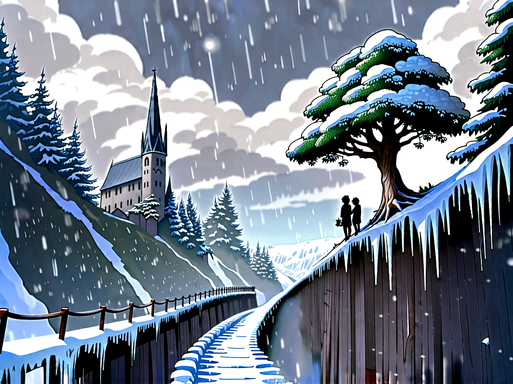 anime estetico, horario de invierno, Cañón helado, enorme árbol ancho que crece en la pared horizontal, vista desde el puente de cuerda, iglesia gótica en la cima del canion, nieve cayendo, paisaje de fantasía, cielos cubiertos de nubes grises