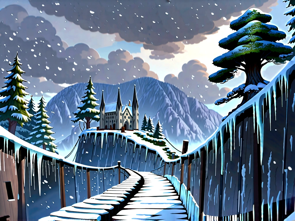 애니메이션 미학, 겨울철, 얼음 캐니언, 수평 벽에서 자라는 거대한 넓은 나무, 밧줄 다리에서보기, 캐니언 꼭대기에 있는 고딕 양식의 교회, 눈이 내리는, 환상의 풍경, 회색 구름으로 뒤덮인 하늘