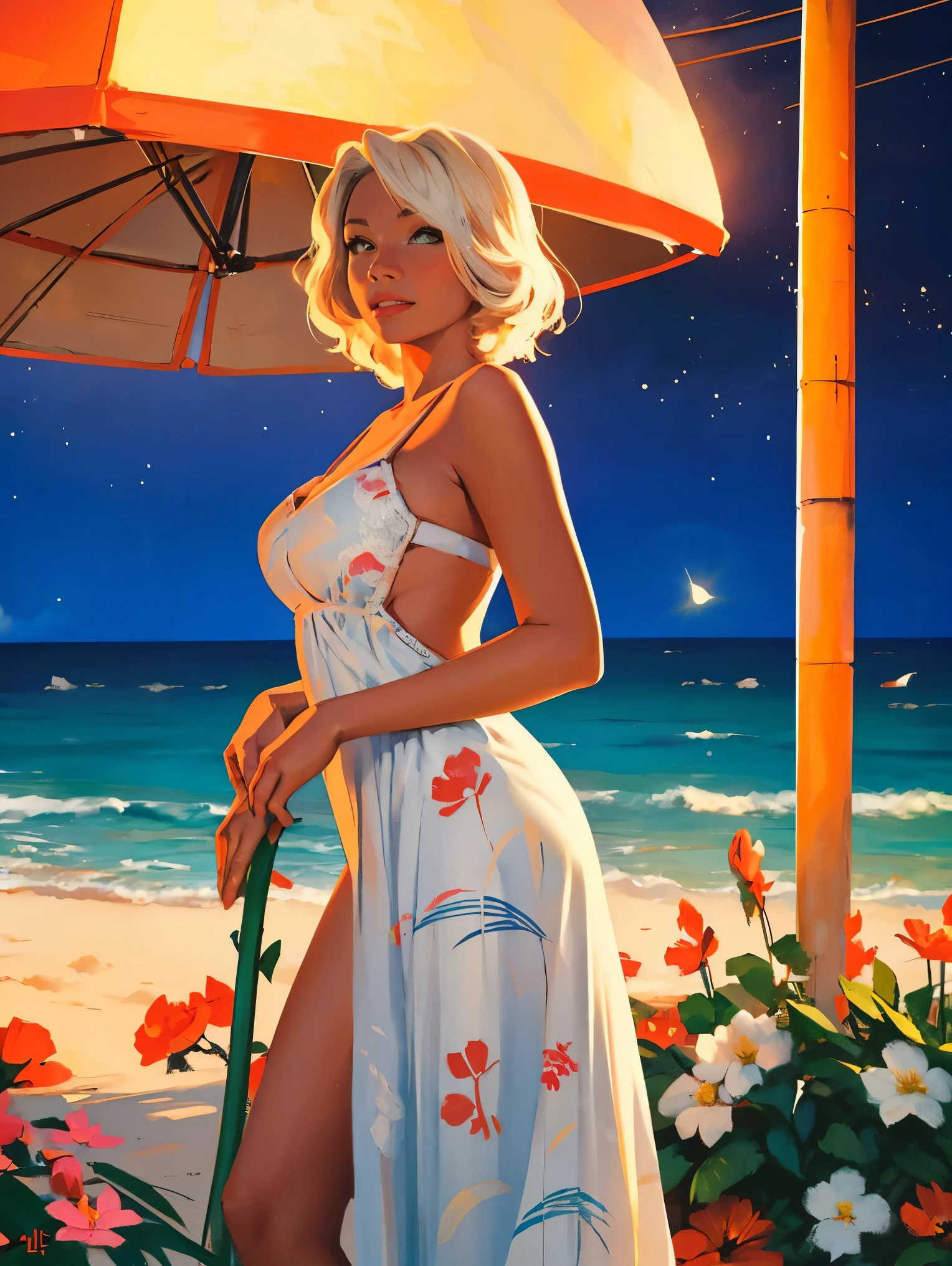 오래된 복고풍 포스터, 소련,  카리브 해변,((밤에)). 네온, 사진 촬영, 1 매우 화끈한 아름다운 여성. 23세. 행복하다. 짧은 흰색 웨이브 머리, 표정이 풍부한 가슴, 직물에 꽃 무늬가 있는 흰색 선드레스를 입고, 패셔니스타, 80년대, HD