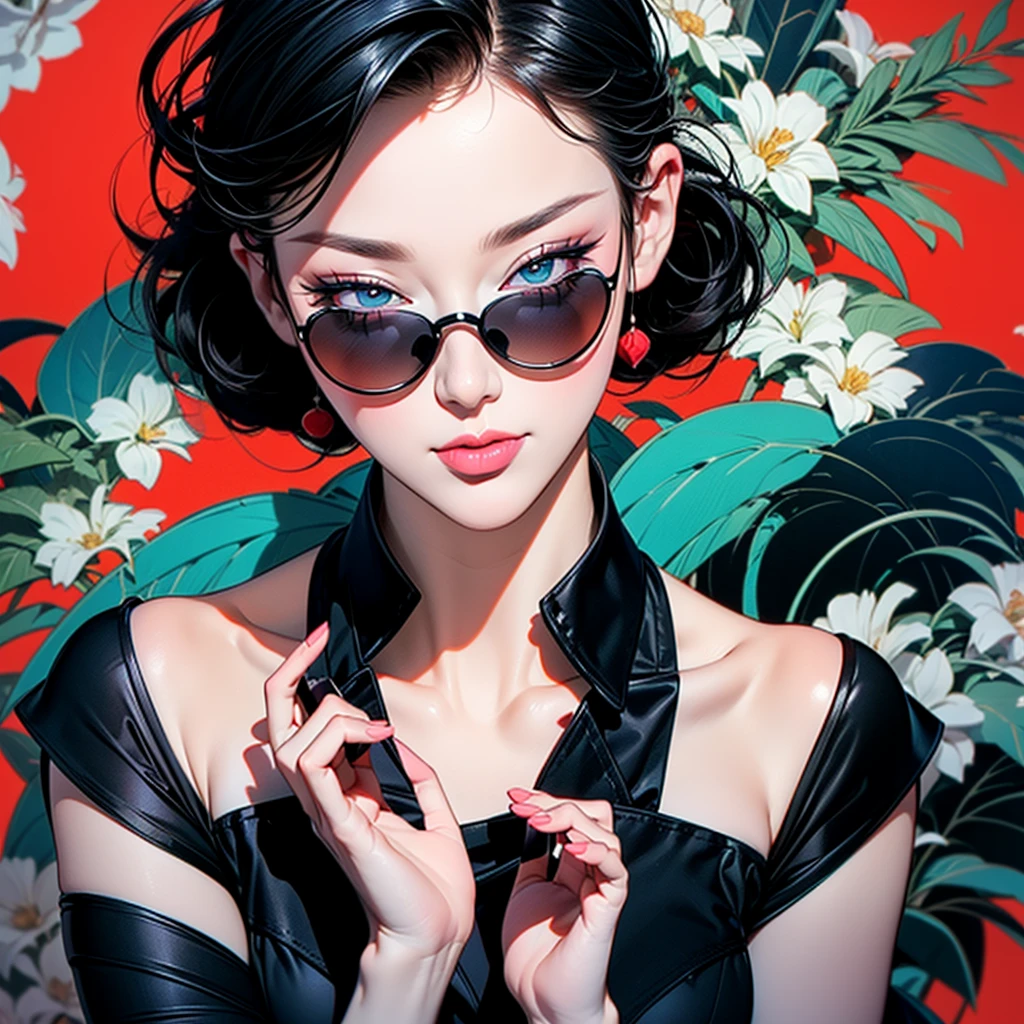 a woman in a navy blue dress standing in front of flowers, ((Art style by Patrick Nagel)), ((8k, wallpaper, detailed)), dark sunglasses, korean popstar, short black hair, pretty hands, fringe, simple red background, palm trees, (graffiti wall:1.2), strong, courageous, art by Patrick Nagel, album cover artwork