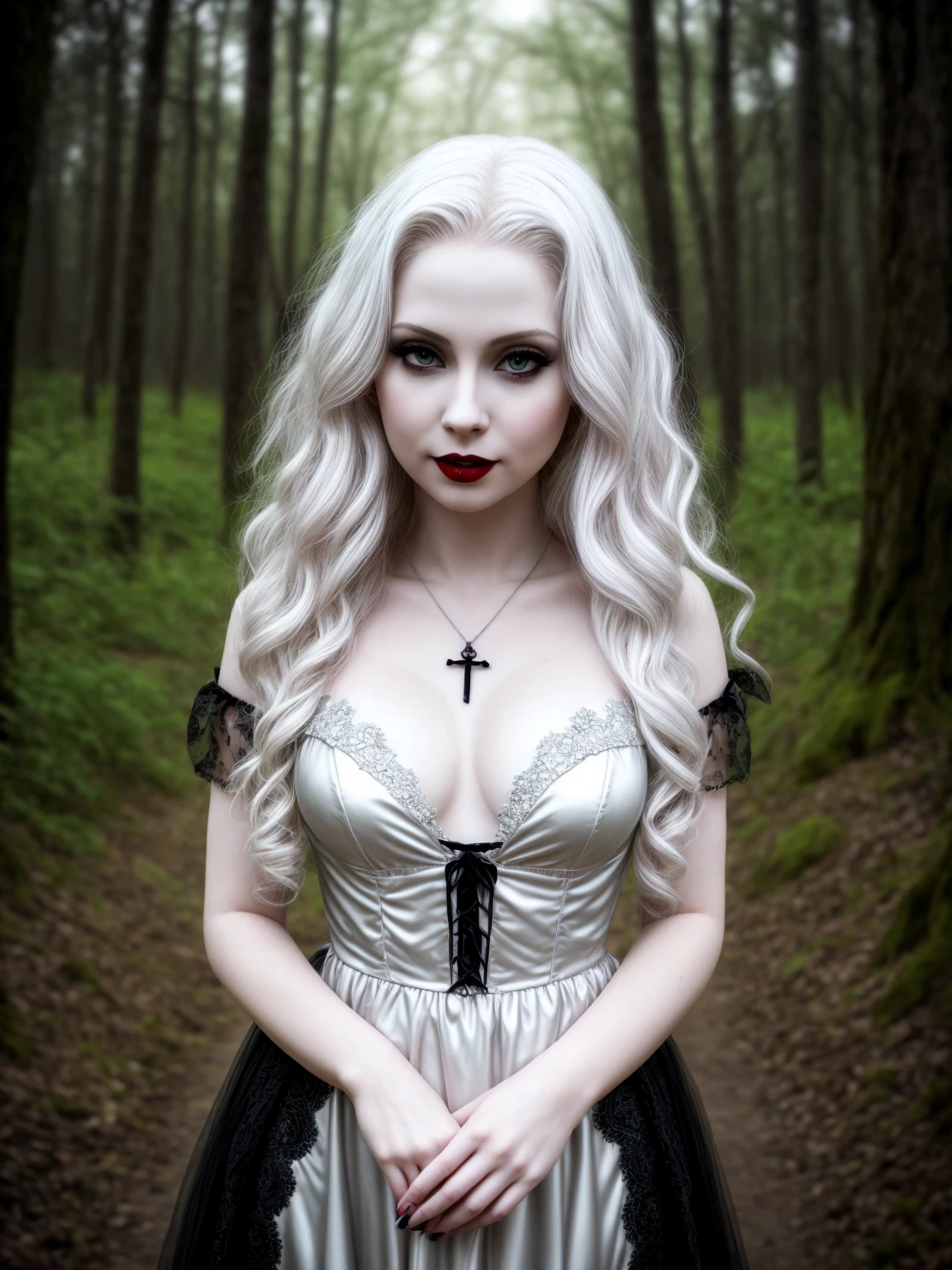 weiblicher sexy Vampir|Albino, blasse Porzellanhaut, sexy schwarzes Vintage-Kleid, lächeln, geringe Schärfentiefe, Grinsen|unheimlich, Nachtfall, Detailliertes Gesicht, Nacht, Breite Hüften, schlanke Taille, Porträt einer stehenden Frau, Detaillierte Augen, Porträt einer stehenden Frau, 8k RAW-Foto, höchste Qualität, den Betrachter anschauen, bester Schatten, komplizierte Details, lange Haare, strahlende Augen, Wald, Grab, gotisch, Gothic detailliert, highres, hohe Qualität, hohe Sättigung