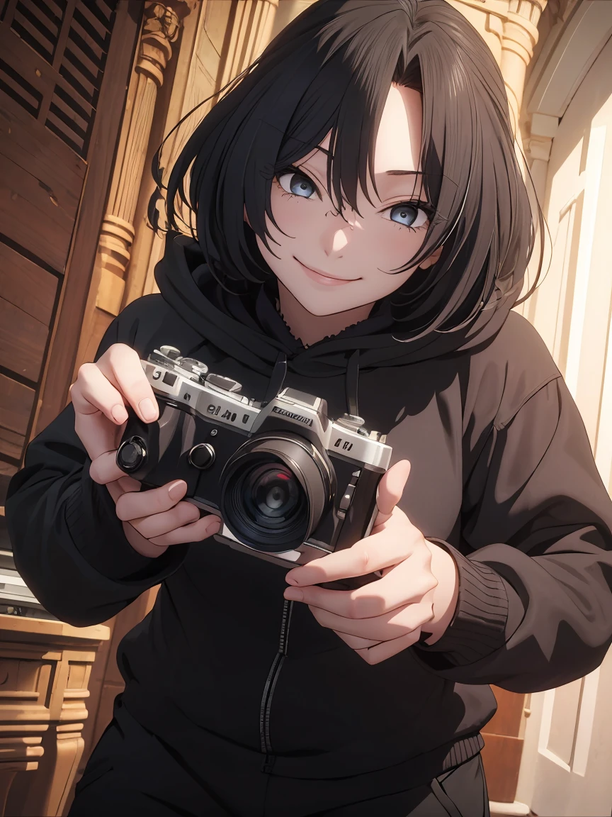 1 girl,black hoodie, Dominique de sade,Black trouser,Holding a firearm, camera angle from below, smiling, ultra detail