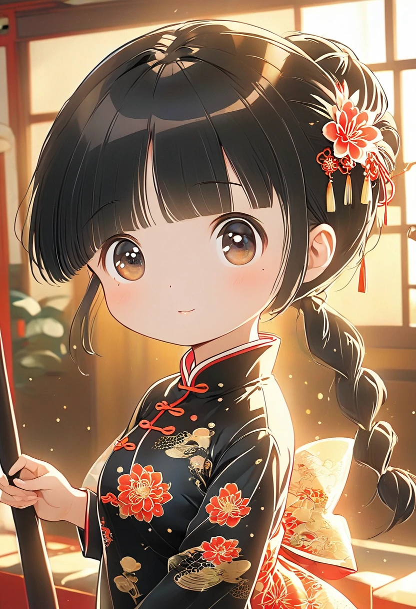 (masterpiece, best quality:1.2),little girl，solitary,Exquisite eyes,Fine black hair，( Smooth skin:1.2)( Wear a gorgeous and shining cheongsam:1.2)， Slender body proportions，Gorgeous room（（Intricate details））