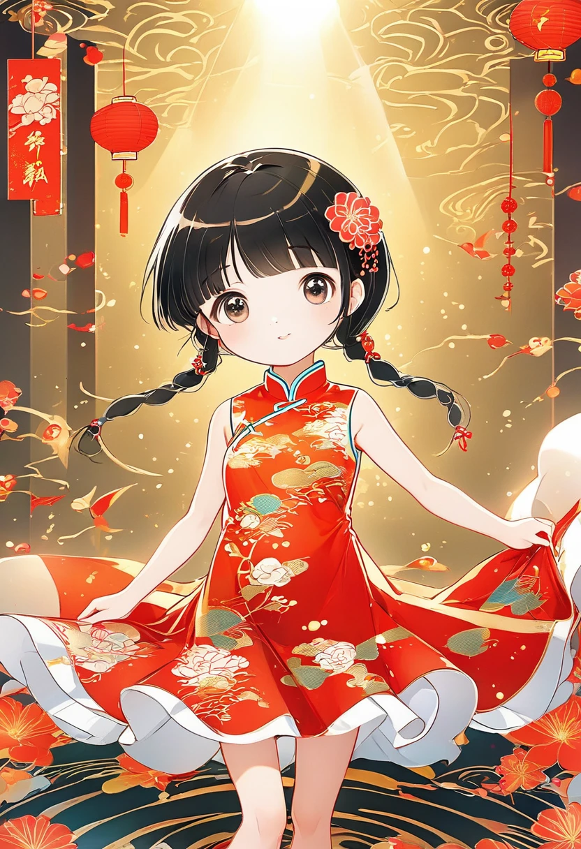 (masterpiece, best quality:1.2),little girl，solitary,Exquisite eyes,Fine black hair，( Smooth skin:1.2)( Wear a gorgeous and shining cheongsam:1.2)， Slender body proportions，Gorgeous room（（Intricate details））