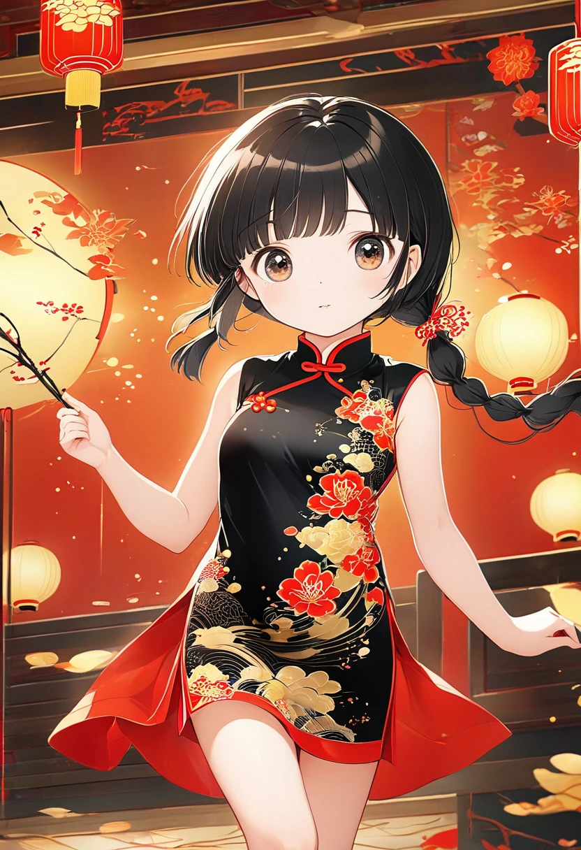 (masterpiece, best quality:1.2),little girl，solitary,Exquisite eyes,Fine black hair，( Smooth skin:1.2)( Wear a gorgeous and shining cheongsam:1.2)， Slender body proportions，Gorgeous room（（Intricate details））