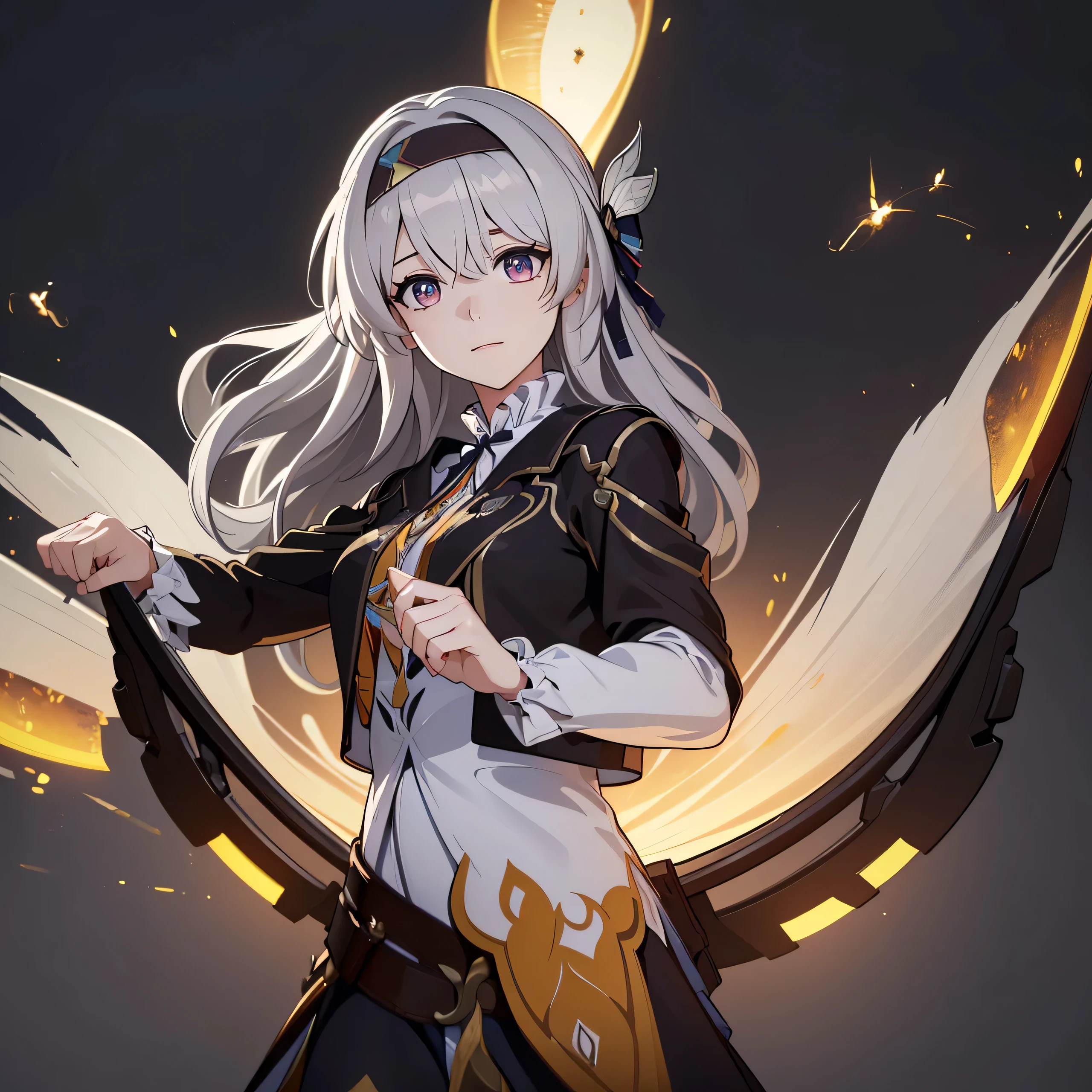 ((8k resolution))、((Highest quality))、((Masterpiece))、((very detailed))((((Amazing))), (Anatomically correct)、((Theme、whole body:1.1)、firefly def, jacket, set, bow, headband, hair accessories, gray hair