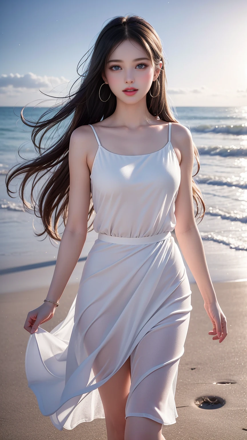 ((Girl walking on the beach at night))、Best quality work，actual work，Ultra Premium Graphics，8K HD CG Works，High quality graphics，High-definition CG works，10x pixels，Extremely fine detail：1.1，Advanced Technical Details：1.1 Photorealistic，Starry Sky Gradient：1.5，Natural light：1.5. Light effects（virtual Light effects：1.8），Long silver hair（Hair fluttering in the wind）, Thin eyebrows，High nose, Nice red lips, Rose Cheeks, Modest makeup face , Cute Face, Perfectly balanced face，(A girl wearing），Light-colored foundations enhance the clarity of your skin..，（Her close your eyes)、Adds elegance and sophistication、Swaying with her movements。Her hair is casually tied back，Fix with hosta，A few strands of hair are swaying gently in the wind，Add a little softness、Charmed everyone&#39;Note、Grace、mystery、Full of power,()、（(close your eyes（）),Lift your head，Thick and long black hair，very elaborate body，Highly detailed face，highest quality、(P私NK Underwear),((Translucent white dress))、(smile)，Thick and long black hair，very elaborate body，Highly detailed face，highest quality,((The hem of the skirt is fluttering in the wind)),((Sexy pose)),(The Milky Way Galaxy in the sky),