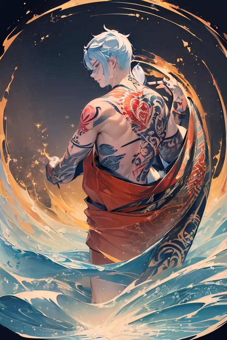 (((In this tattoo design:1.5))), Tattoo design, Japanese Traditional tattoo design, 2 Japanese koi swimming upstream with water splash effect, (Unity 16K Wallpaper, masterpiece, Best Quality, high quality, Ultra-detailed, extremely details CG, Caustics, Cinematic lighting, Detailed, Ultra High Resolution, Photography, high resolution), half sleeve tattoo