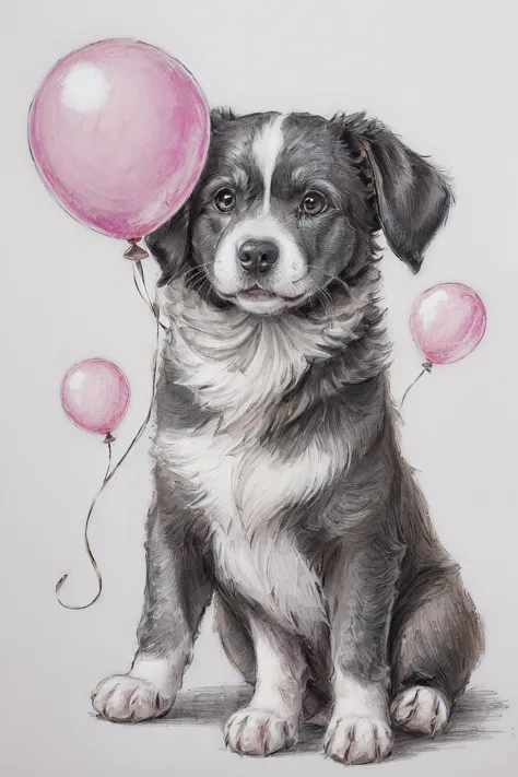 female, ((beautiful, balloon gift drawing of a puppy,(very beautiful, children&#39;s fashion:1.3),age 5 years,fur, (white,pale,s...