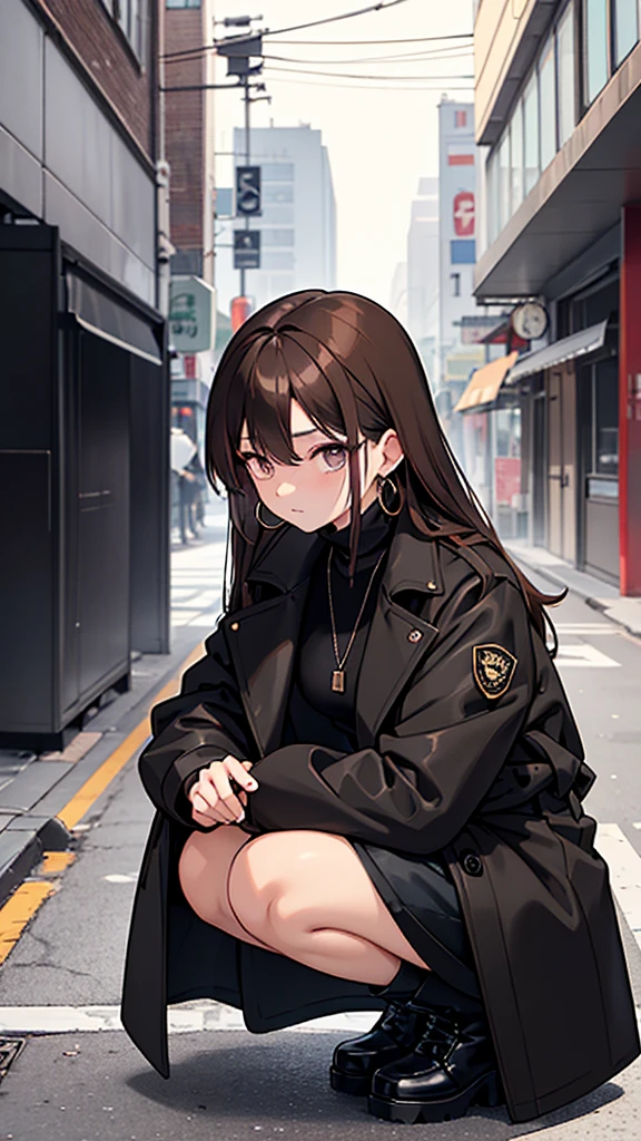 Korean adult woman, medium-length brown hair, grunge, ominous, dark aesthetic, black turtleneck, tan trench coat, necklaces, hoop earrings, 30-year-old, neutral expression, calm, expressionless, black formal trousers, black combat boots, squatting down, looking at something, detective, crime scene