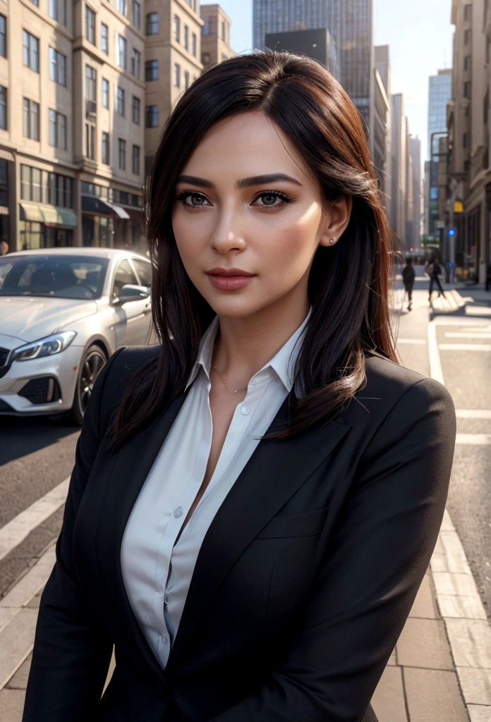 A beautiful professional business woman talking on a mobile phone, detailed facial features, elegant formal business attire, city street background with cars and buildings, (best quality,4k,8k,highres,masterpiece:1.2),ultra-detailed,(realistic,photorealistic,photo-realistic:1.37),intricate details,highly detailed,cinematic lighting,vibrant colors,elegant,dynamic pose,shallow depth of field