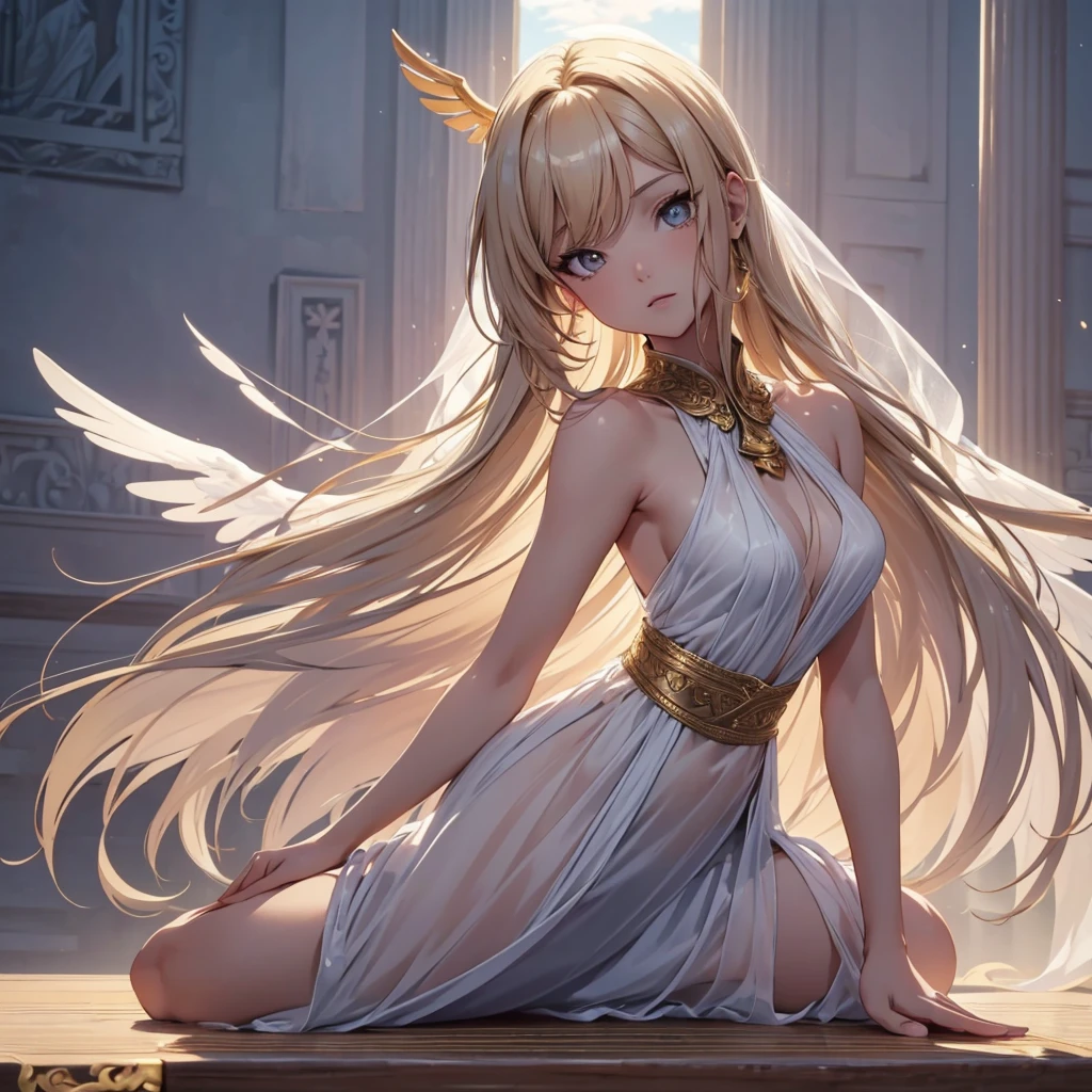 ((On the table, best quality)), Delicate face, Character Design Sheet，whole body, Perfect proportion，Rich in details, Multiple poses and expressions, Very detailed, Martial Arts Girl，Tempting，Gradient hair color，Golden，Delicate eyes, see through，Angel Wings，cloud，High balance, Halo，Natural light，Starlight decoration，Background greek temple