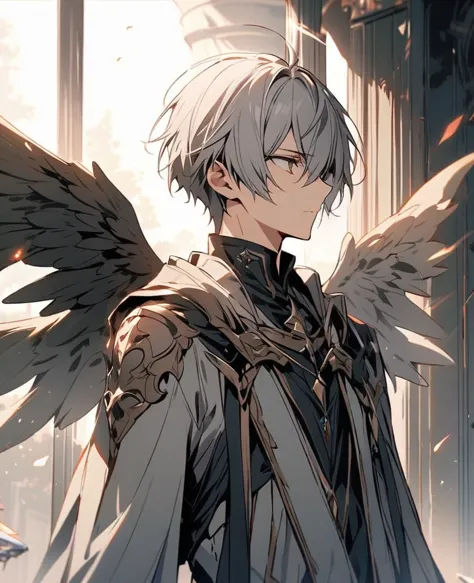good looking, alone, 1 male, short hair, Gray Hair、Wings are growing