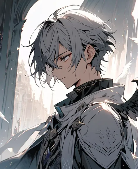 good looking, alone, 1 male, short hair, Gray Hair、Wings are growing