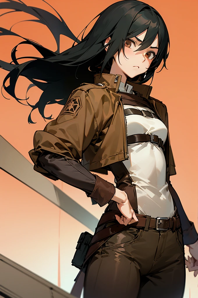 Mikasa é bem alta, adolescente fisicamente em forma e muito musculosa, com cabelos pretos na altura do queixo, que ela inicialmente usava mais longos, mas foi cortado em Eren&#39;s sugestão, apesar de Jean dizer que era lindo. Ela tem herança asiática, com pele clara e olhos negros calmos.