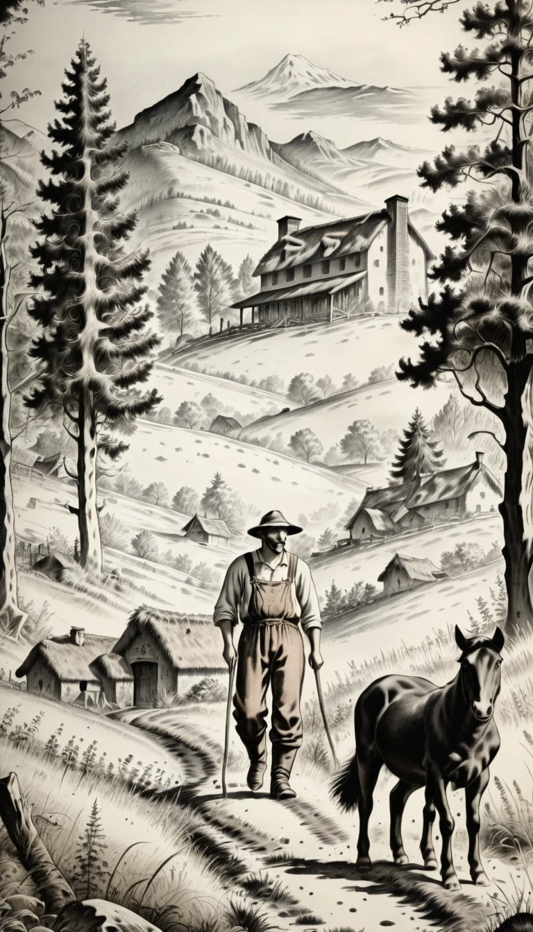 Bauer mit Pferd, Ein Schaaf, ein Hund, Wald und Berge im Hintergrund, schwarze Tinte 