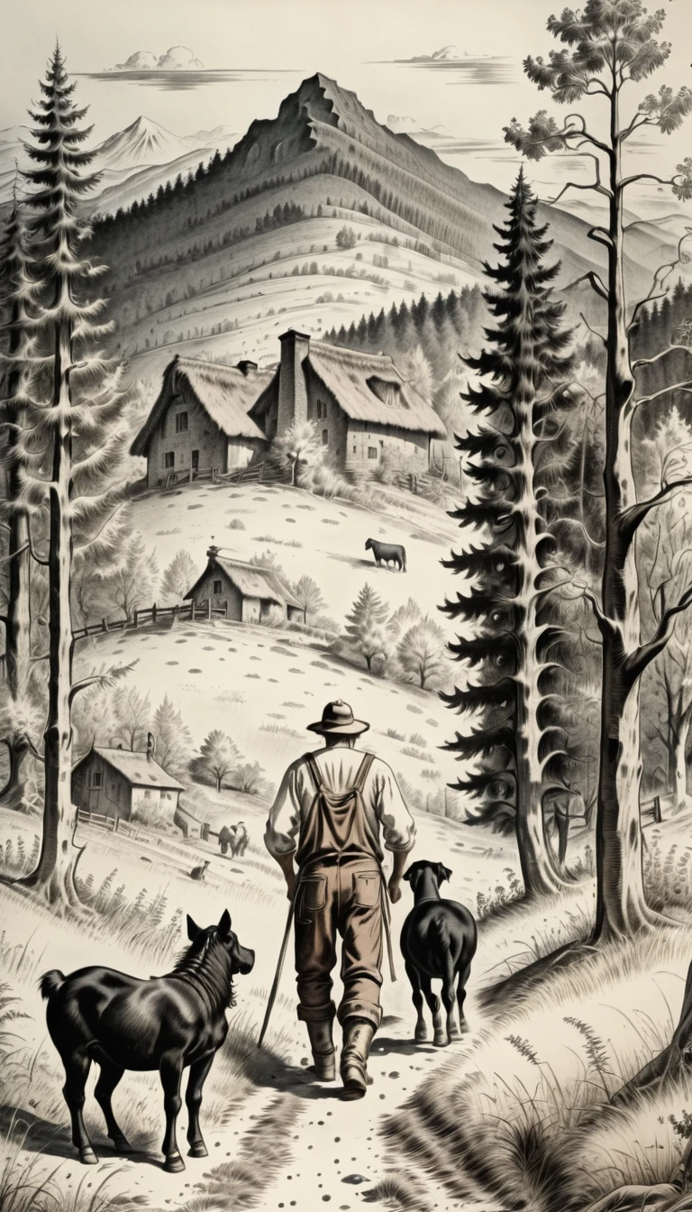 Bauer mit Pferd, Ein Schaaf, ein Hund, Wald und Berge im Hintergrund, schwarze Tinte 