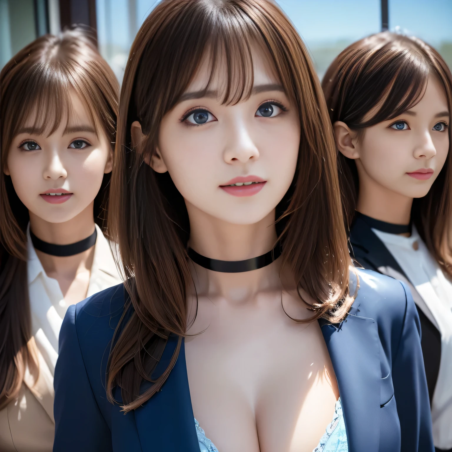 ((Highest quality, 8K, Representative works in detail, Ultra-high resolution)), (Looking at the audience), ((Female employees and other employees sitting and talking at Glass Square)), Attractive woman, ((Big Breasts)),  smile, ((Black Choker)), Slim figure, (blue eyes), Long eyelashes, bangs, Beautiful shiny brown hair, Nogizaka idol, Slim face、((suit))、Dependents、Female employees、Glass Square、blue sky、((Chatting３people、During a break))