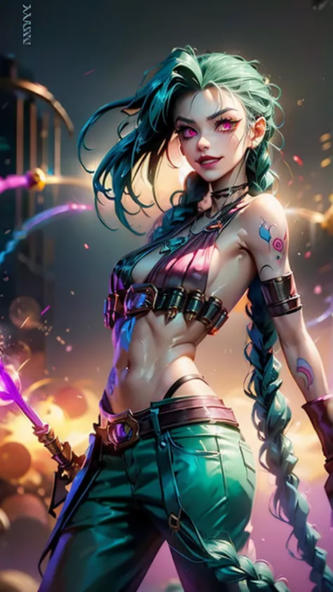 jinx arcane, uma mulher com hair green e tatuagens, cyberpunk woman anime woman, pants, Beautiful angry cyberpunk goddess, cyber...