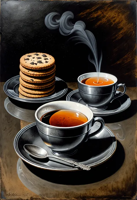 Single cup of tea. very subtle and mild steaming. Three cookies placed nearer it. Fresco style on metal, using charcoal, of mezz...