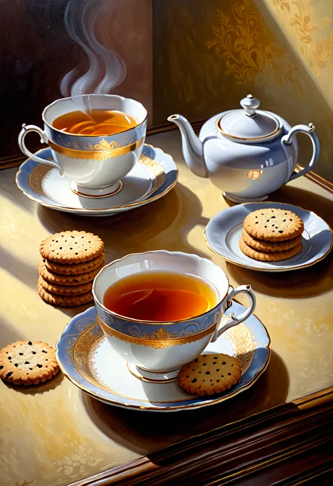 A detailed cup of tea, three cookies, oil painting on canvas, subtle steam, mild aroma, warm lighting, photorealistic, intricate...