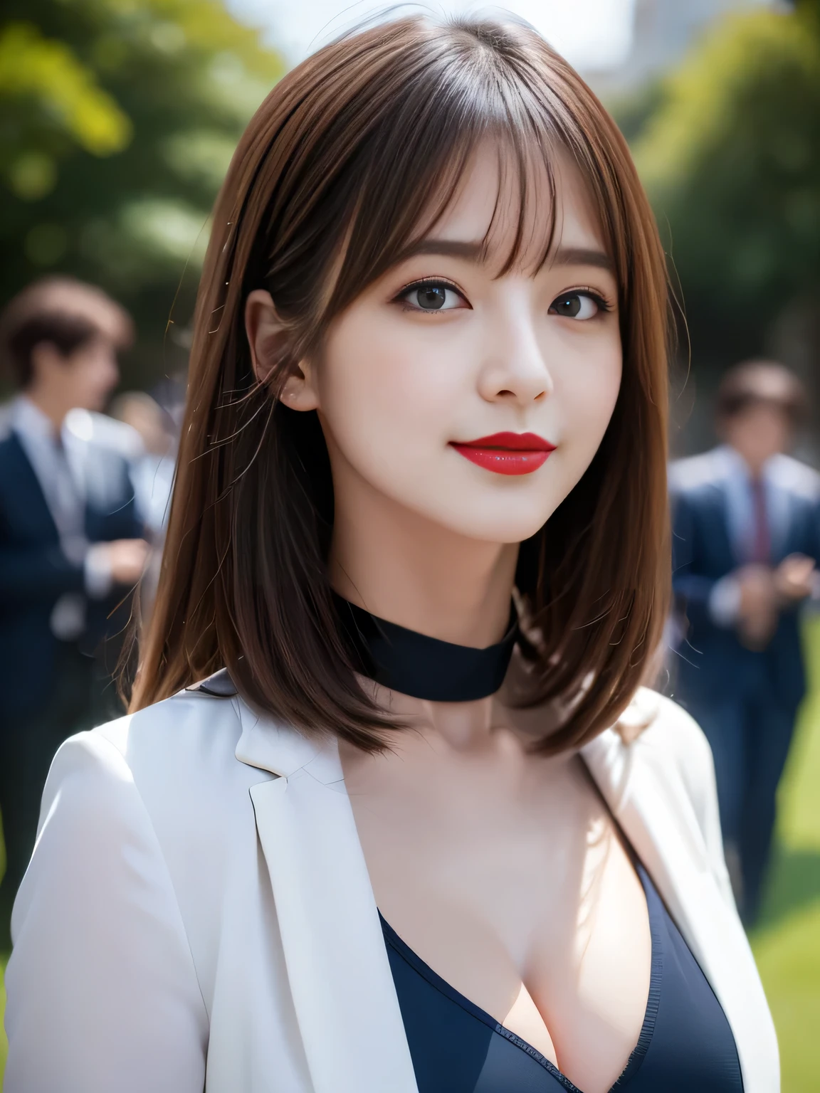 ((Highest quality, 8K, Representative works in detail, Ultra-high resolution)), (Looking at the audience), ((Female employees and other employees chatting on the lawn)), Attractive woman, ((Big Breasts)),  smile, ((Black Choker)), Slim figure, (blue eyes), Long eyelashes, bangs, Beautiful shiny brown hair, Nogizaka idol, Slim face、((suit))、Dependents、Female employees、Grass Square、blue sky、((Chatting３people、During a break))、Soft looking breasts、Rocket Breasts、Bright red lipstick