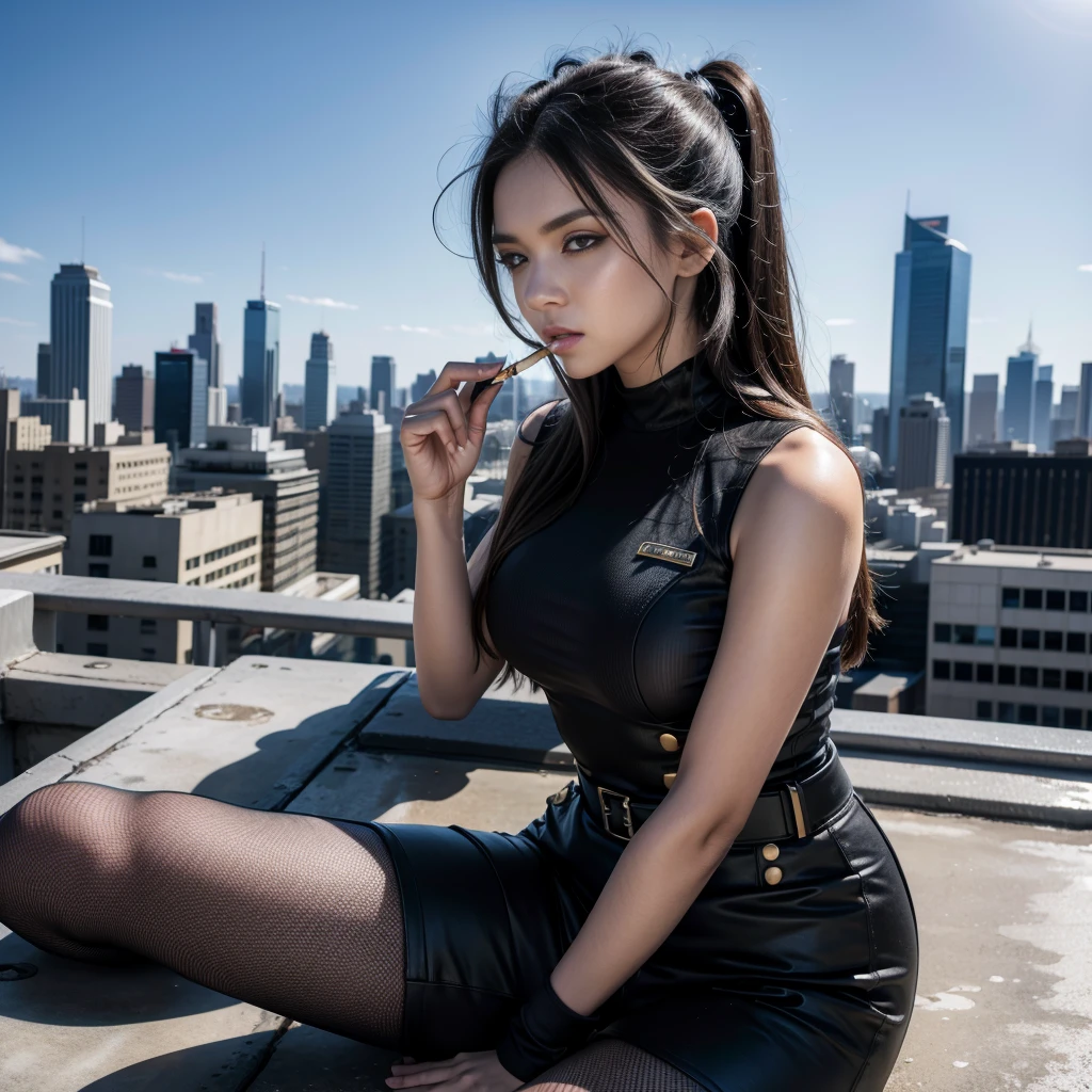 a beautiful military woman, sitting on top of a building looking at the horizon with a joint in her mouth. She is super strong and has a bad attitude, serious character, rebellious, seductive body, American military clothing, top of a building, sitting position.