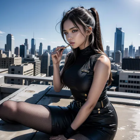 a beautiful military woman, sitting on top of a building looking at the horizon with a joint in her mouth. She is super strong a...