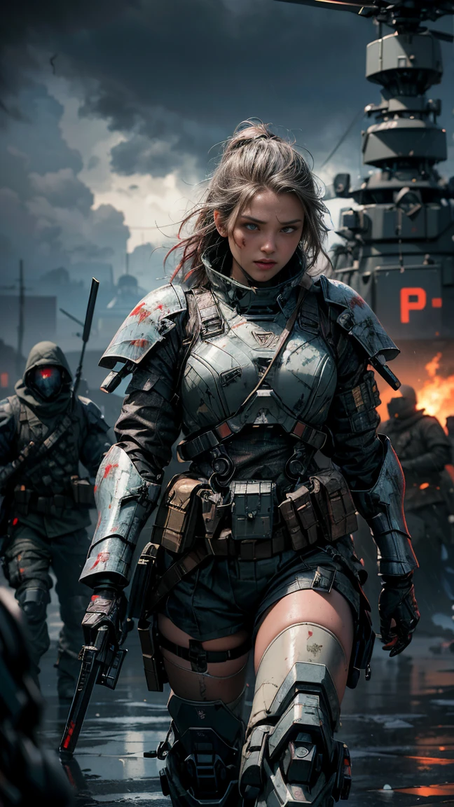 Postapocalyptic combat scene with a Beautiful hyperrealistic photograph of cute Young Swedish woman with Runic tattoos, ((dirty face Blood splattered)), (((wearing full heavy mecha armor, combat harness, Neon highlights))) Short Red Dreadlocks, combat pose, (((Holding on to the side of a combat Sci-Fi Combat helicopter))), exterior of Destroyed building, Fires, Smoke, debris, Camo netting, Ammo Boxes, Rain, Stormy, Wet, abstract beauty, near perfection, pure form, intricate detail, 8k post-production, High resolution, super Detail, trending on ArtStation, sharp focus, studio photos, intricate detail, Very detailed, By Greg Rutkowski