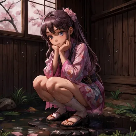 Girl squatting with transparent kimono slightly wet