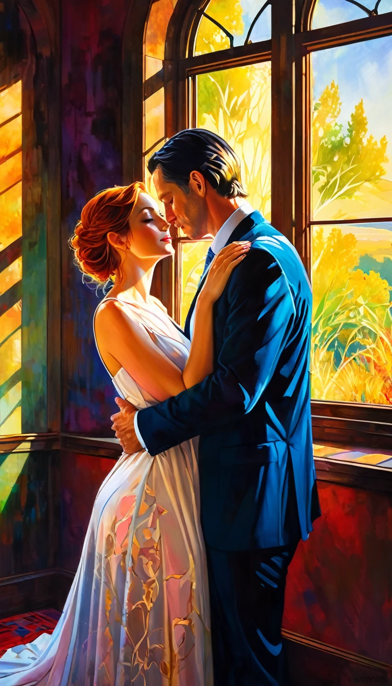 A beautiful couple in an intimate embrace, bathed in vibrant sunlight streaming through a large window overlooking a lush, dreamlike landscape, their forms and expressions inspired by the captivating artwork of Bill Sienkiewicz, rendered in intricate, photorealistic detail with vivid, evocative colors in the style of a masterful oil painting.