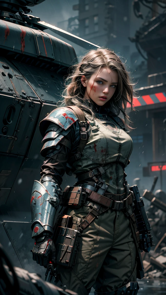 Postapocalyptic combat scene with a Beautiful hyperrealistic photograph of cute Young Swedish woman with Runic tattoos, ((dirty face Blood splattered)), (((wearing full heavy mecha armor, combat harness, Neon highlights))) Short Red Dreadlocks, combat pose, (((Holding on to the side of a combat Sci-Fi Combat helicopter))), exterior of Destroyed building, Fires, Smoke, debris, Camo netting, Ammo Boxes, Rain, Stormy, Wet, abstract beauty, near perfection, pure form, intricate detail, 8k post-production, High resolution, super Detail, trending on ArtStation, sharp focus, studio photos, intricate detail, Very detailed, By Greg Rutkowski