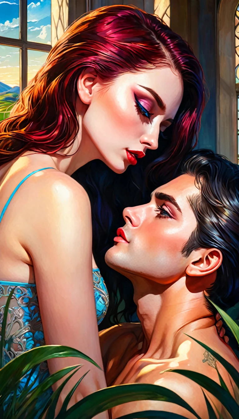 a sensual intimate portrait of two lovers, beautiful detailed eyes, beautiful detailed lips, extremely detailed face, long eyelashes, intricate skin details, romantic embrace, passionate expression, large window overlooking a lush landscape, dramatic lighting, vivid colors, oil painting, masterpiece, photorealistic, 8k, highly detailed, cinematic, Bill Sienkiewicz inspired