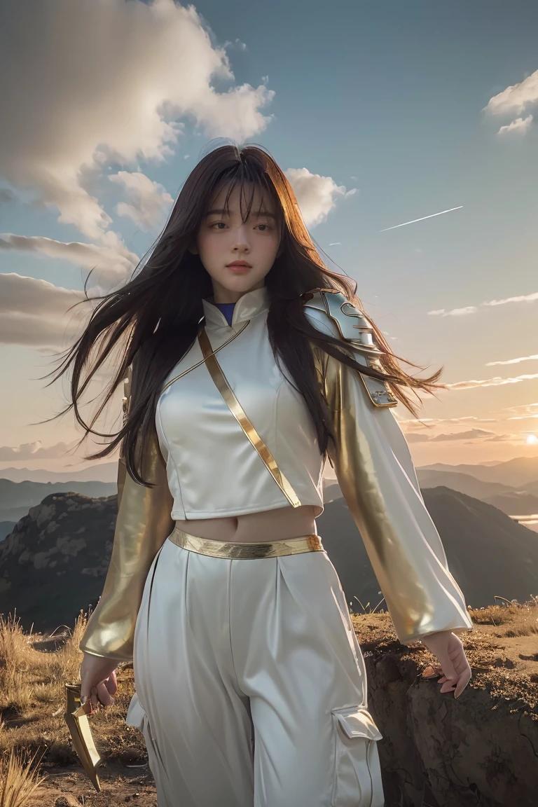 ((masterpiece, best quality, extremely detailed), volumetric lighting, ambient occlusion, colorful, glowing), 1girl, solo, young girl, (dark hair), long hair, ranger suit, hunter class dnd, (white outfit with gold detailst:1.3), armor, outdoors, sunset, sky, clouds, space, (fantasy theme:1.2),