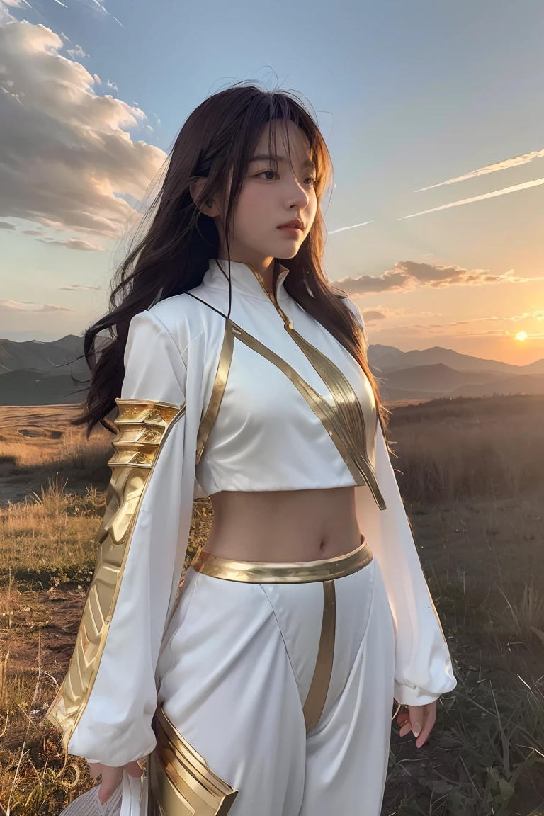 ((masterpiece, best quality, extremely detailed), volumetric lighting, ambient occlusion, colorful, glowing), 1girl, solo, young girl, (dark hair), long hair, ranger suit, hunter class dnd, (white outfit with gold detailst:1.3), armor, outdoors, sunset, sky, clouds, space, (fantasy theme:1.2),