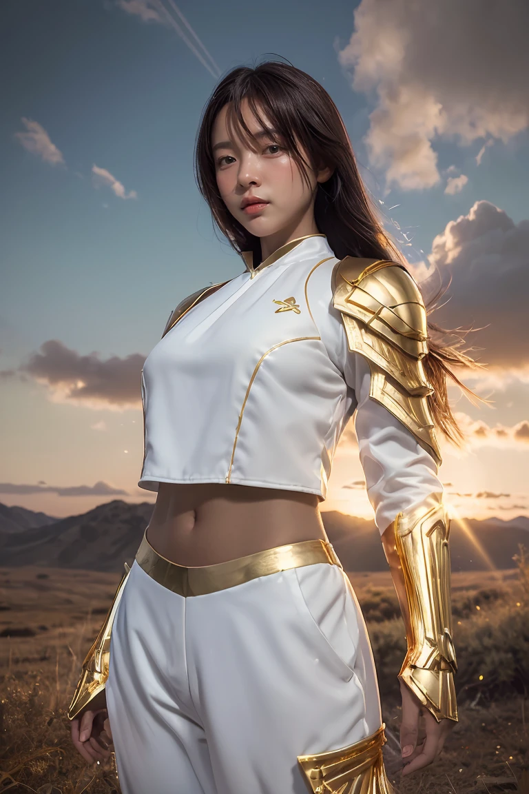 ((masterpiece, best quality, extremely detailed), volumetric lighting, ambient occlusion, colorful, glowing), 1girl, solo, young girl, (dark hair), long hair, ranger suit, hunter class dnd, (white outfit with gold detailst:1.3), armor, outdoors, sunset, sky, clouds, space, (fantasy theme:1.2),