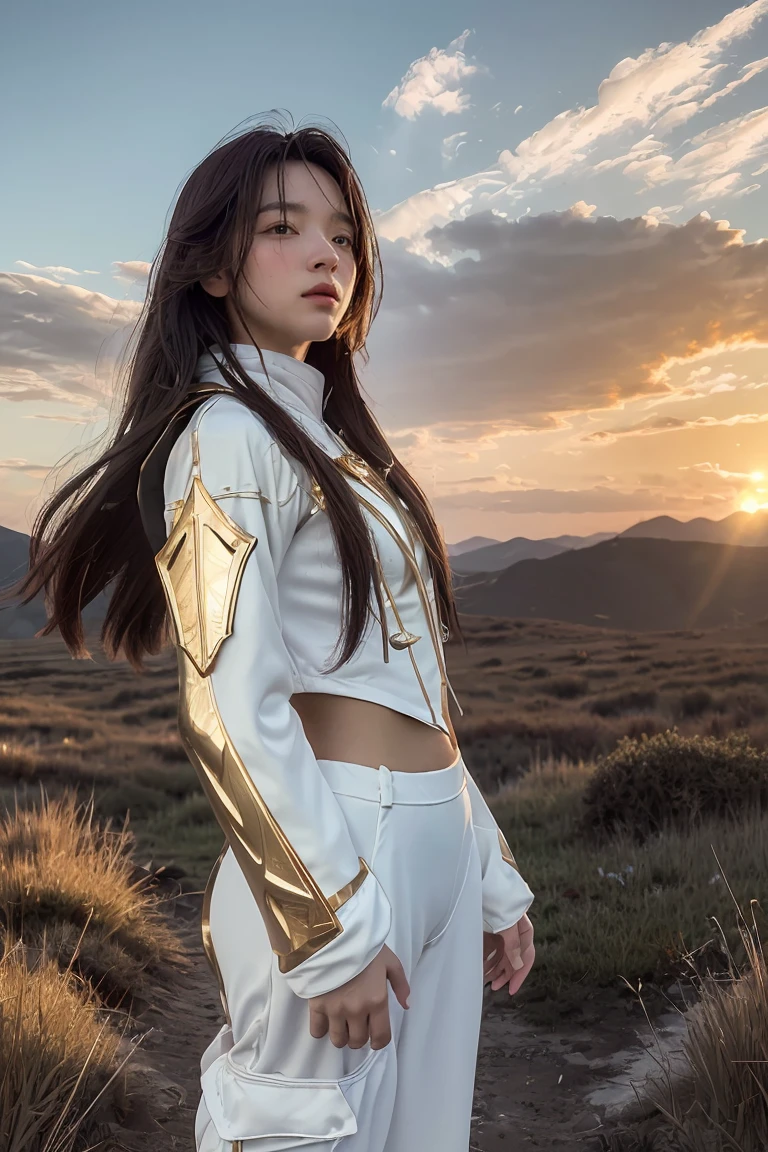 ((masterpiece, best quality, extremely detailed), volumetric lighting, ambient occlusion, colorful, glowing), 1girl, solo, young girl, (dark hair), long hair, ranger suit, hunter class dnd, (white outfit with gold detailst:1.3), armor, outdoors, sunset, sky, clouds, space, (fantasy theme:1.2),