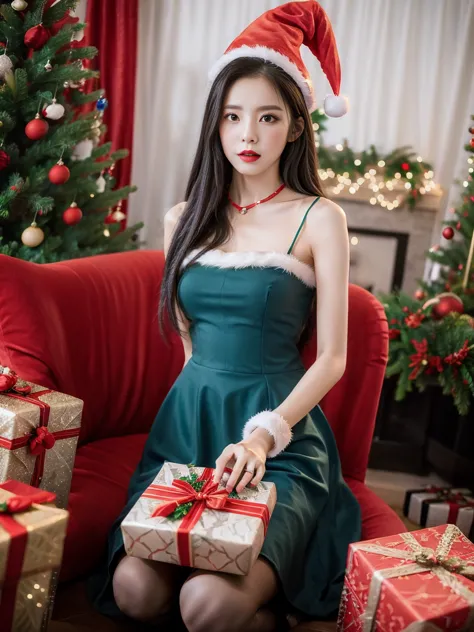 Woman wearing sexy Christmas witch costume,blue dress, luxury bedroom, blue dress,big ,หน้าอกbig,Actually,virtual