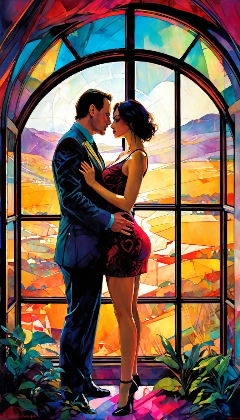 lovers, eroticism, sex, large window with views, landscape, artwork inspired by Bill Sienkiewicz, vivid colors, intricate details, oil.
