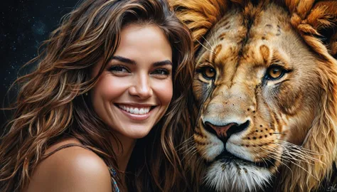 half  body,
a woman smile  with her best friend her lion,
dark complex background, style by Thomas Kinkade+David A. Hardy+Carne ...