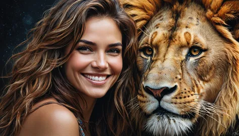 half  body,
a woman smile  with her best friend her lion,
dark complex background, style by thomas kinkade+david a. hardy+carne ...