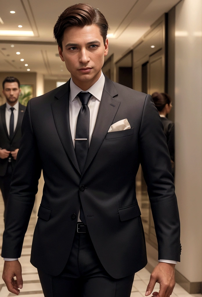 A businessman, professional talking on a cell phone, detailed facial features, elegant formal business attire, in the background the lobby of a commercial building. People entering and leaving, (best quality, 4k, 8k, high resolution, masterpiece: 1.2), ultra-detailed, (realistic, photorealistic, photorealistic: 1.37), intricate details, highly detailed, cinematic lighting, vibrant colors , elegant, dynamic pose, shallow depth of field