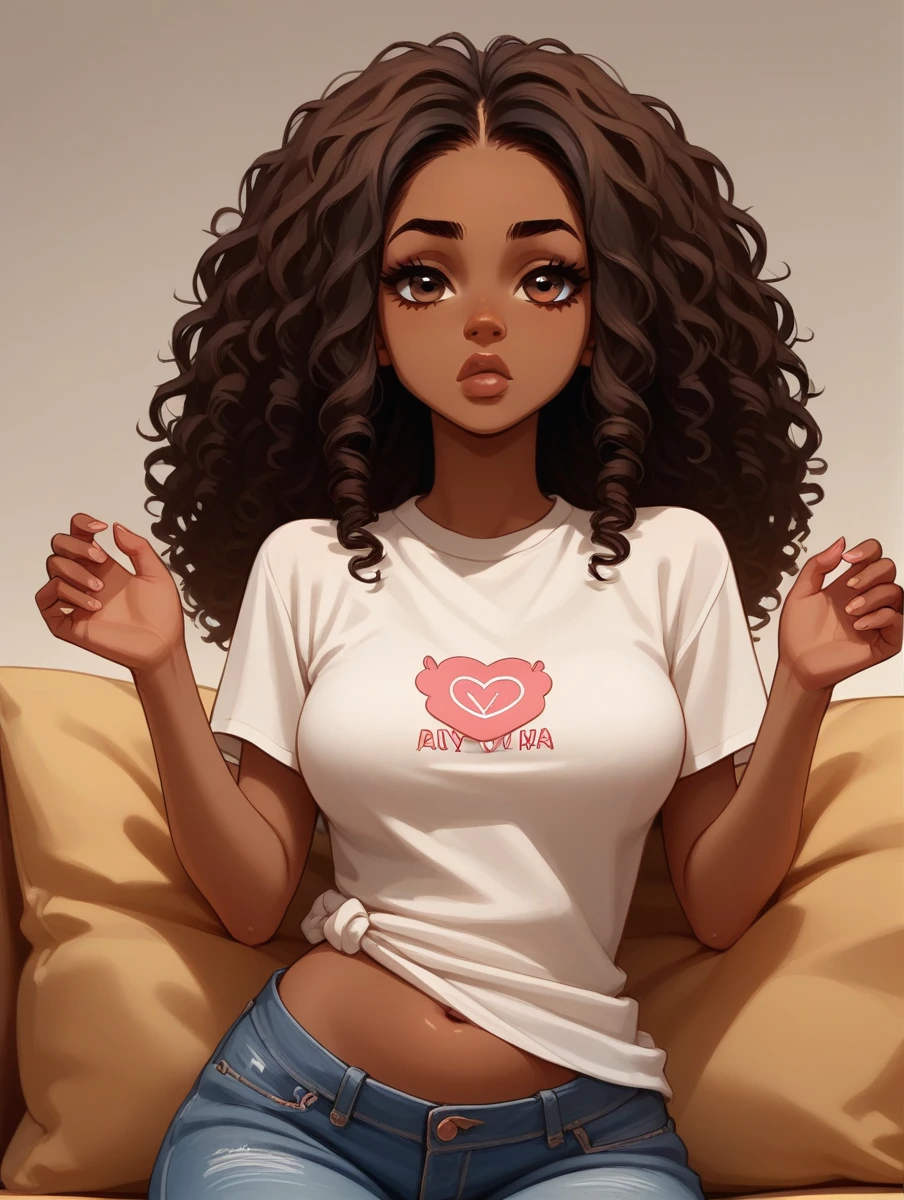 score_9, score_8_up, score_7_up, score_6_up,  1girl, solo,pretty, dark skinned girl, 24 year old girl, breasts, oversized fuzzy fitted shirt, denim short tatted jeans, brown eyes, black curly hair, long straight hair, stylish, b00nd0cks, open belly, instagram baddie, cool pose
