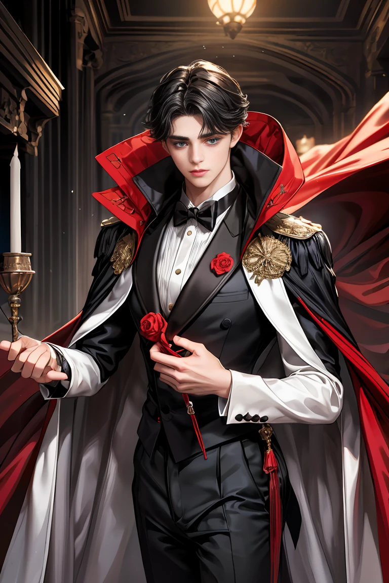 
masterpiece, 最high quality, high quality, 1 boy, alone, Male focus, Watching the audience,  Messy black hair, Adorable big blue eyes, White people, Noble, Noble,Sexy voluminous black and red cape、Tuxedo、A very voluminous, large, very large, very large, long, long red and black cape with a high stand-up collar, reaching down to the floor, made of a lot of fabric., 17 years old,Cute beautiful boys,Cute, cute, kind, handsome guy