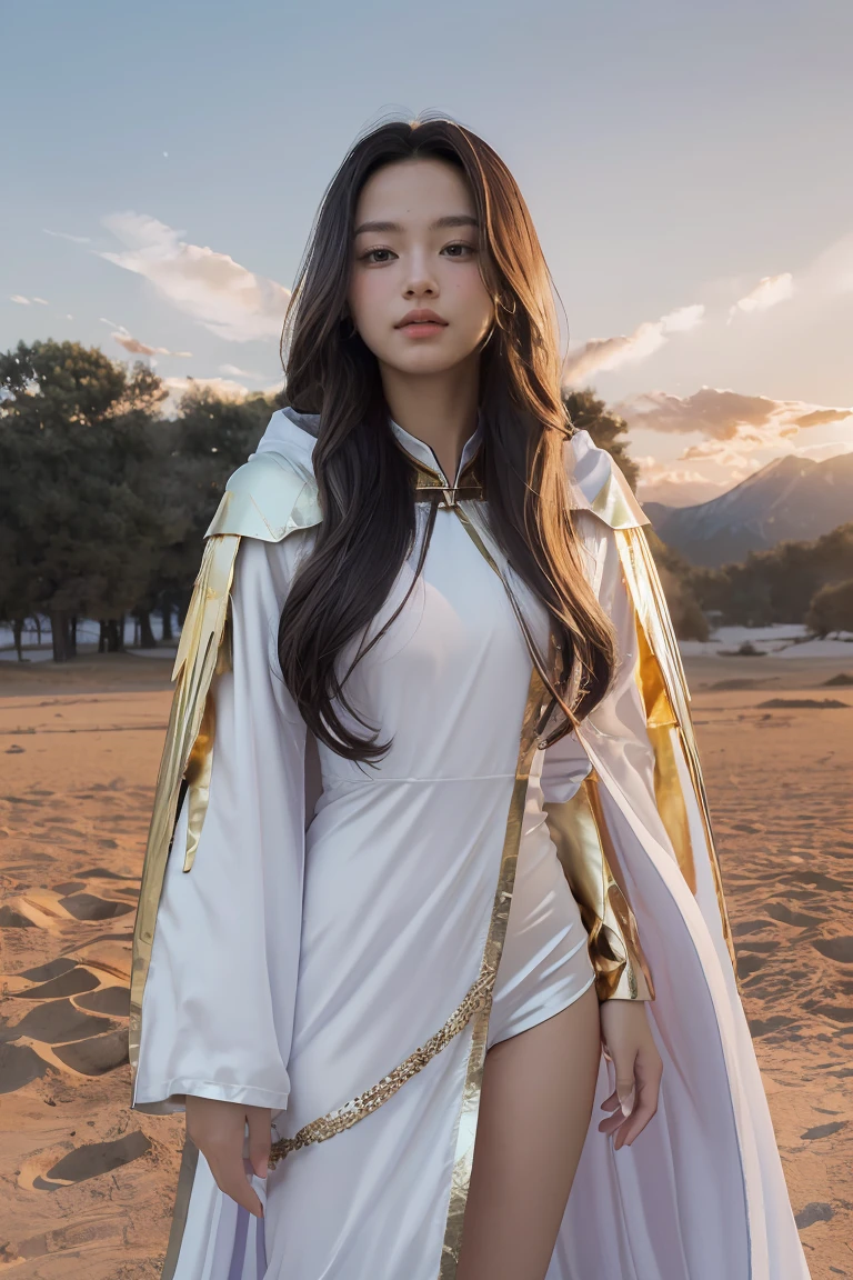 ((masterpiece, best quality, extremely detailed), volumetric lighting, ambient occlusion, colorful, glowing), 1girl, solo, young girl, (dark hair), long hair, ranger suit, hunter class dnd, cloak, (white outfit with gold detailst:1.3), armor, outdoors, sunset, sky, clouds, space, (fantasy theme:1.2),