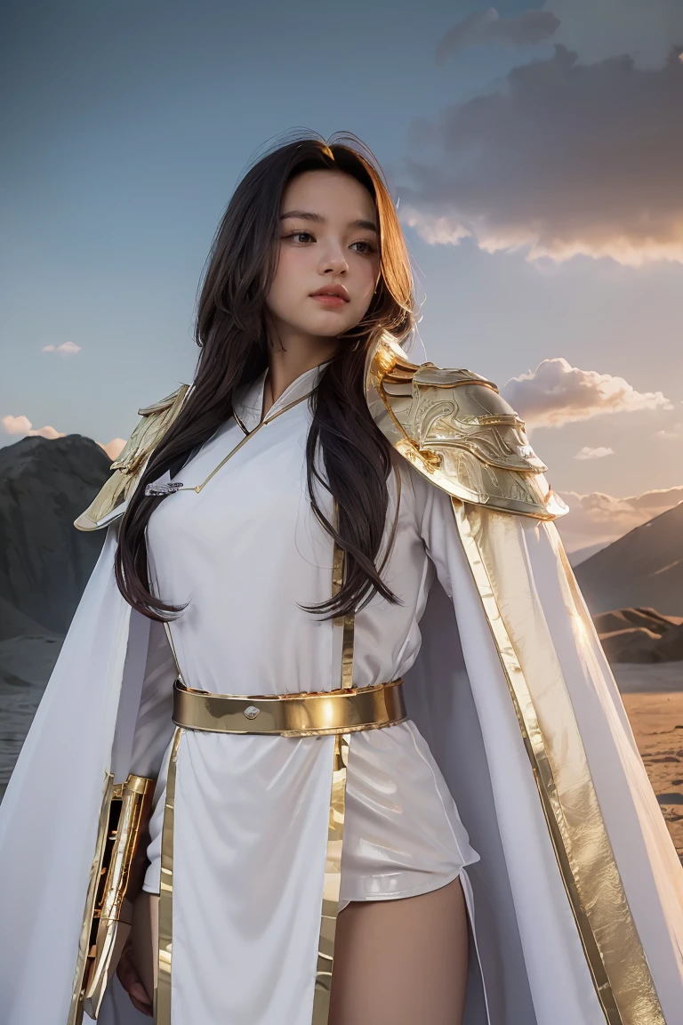 ((masterpiece, best quality, extremely detailed), volumetric lighting, ambient occlusion, colorful, glowing), 1girl, solo, young girl, (dark hair), long hair, ranger suit, hunter class dnd, cloak, (white outfit with gold detailst:1.3), armor, outdoors, sunset, sky, clouds, space, (fantasy theme:1.2),